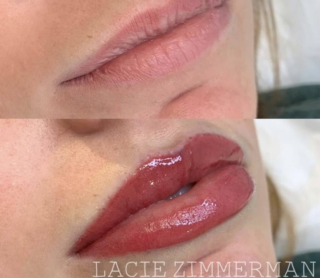 Client before and after lip blushing technique.