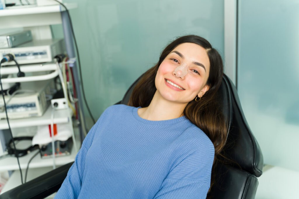 Young woman at cosmetic surgery office after rhinoplasty surgery